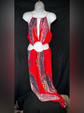BIUBIU Red Cutout Halter Maxi Dress Rope Strap Open Waist L NWT